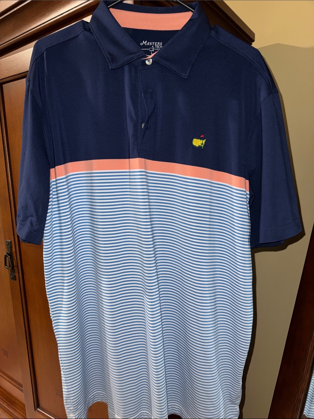 Masters Navy, Coral & Light Blue Striped Golf Polo